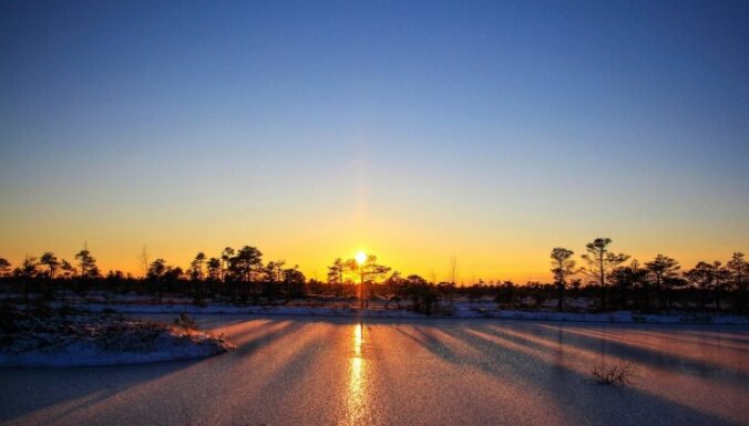 Foto: Ķemeru purva mirdzošais skaistums ziemas saullēktā