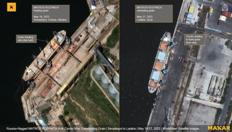 Krievija Ukrainā zagtos graudus ved uz Sīriju, liecina satelīta attēli